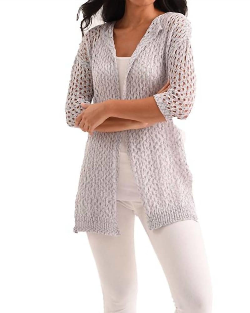Front of a model wearing a size XXL Noelle Crochet Cardigan in Slate in Slate by french kyss. | dia_product_style_image_id:327426